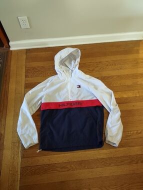 Tommy Hilfiger Colorblock Windbreaker Hooded Half Zip Gorpcore Navy Red White S